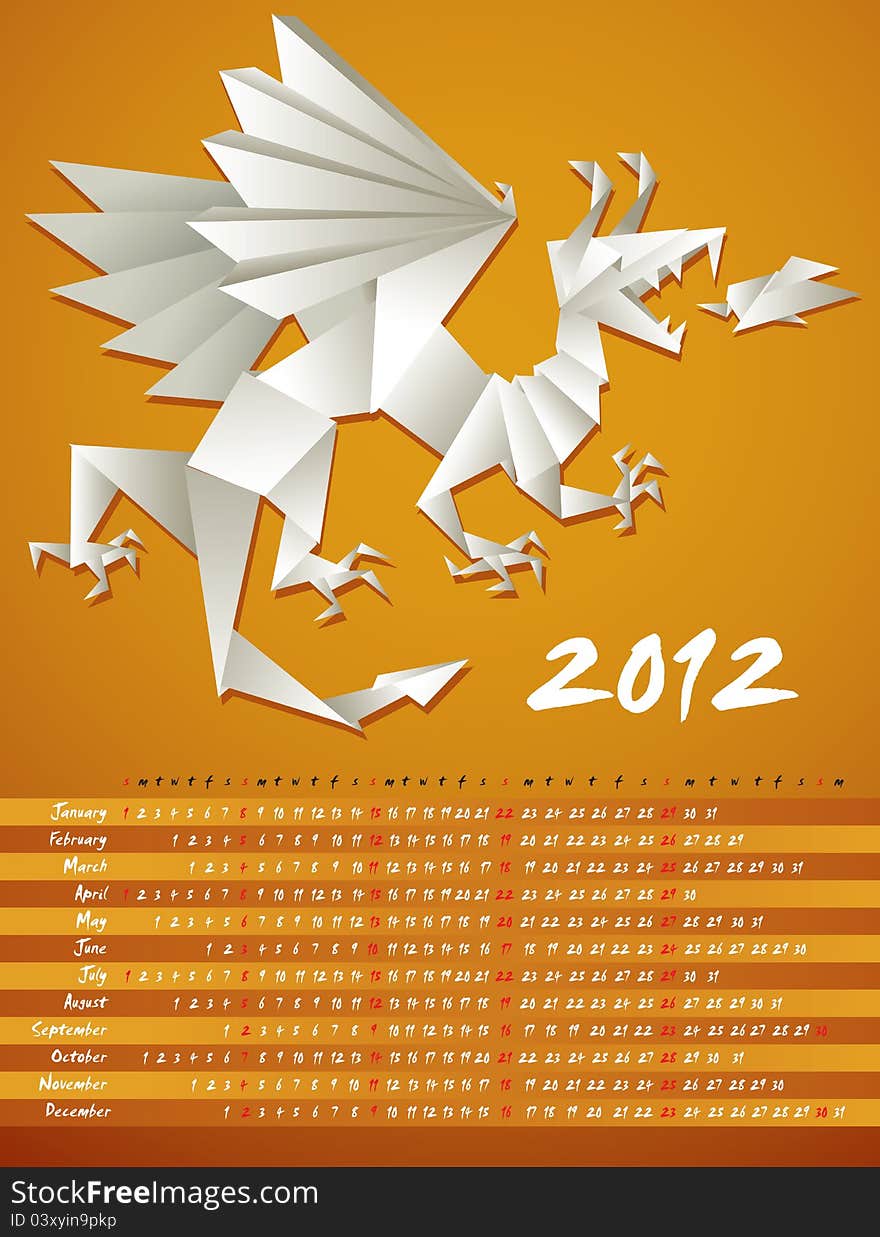 Year dragon, calendar 2012, origami, vector illustration