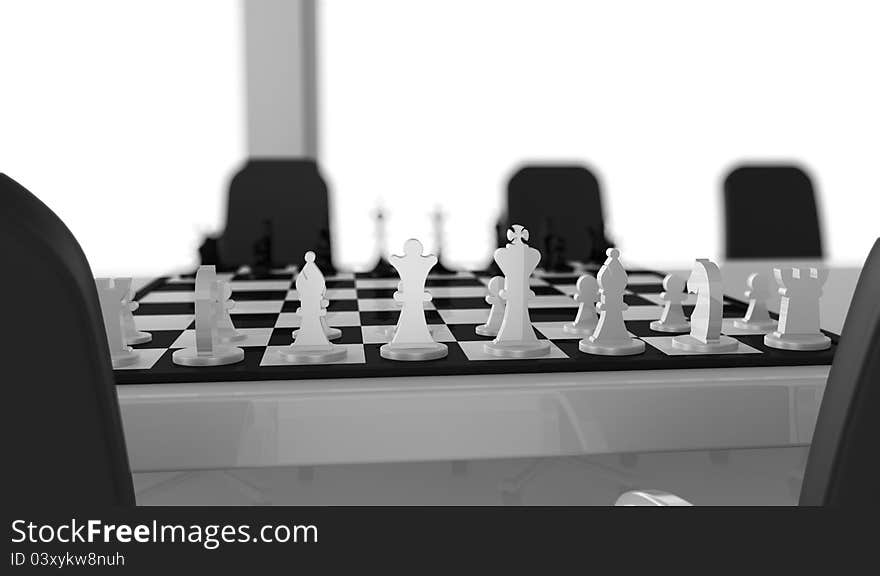 One meeting room with a chessboard over the table (3d render)