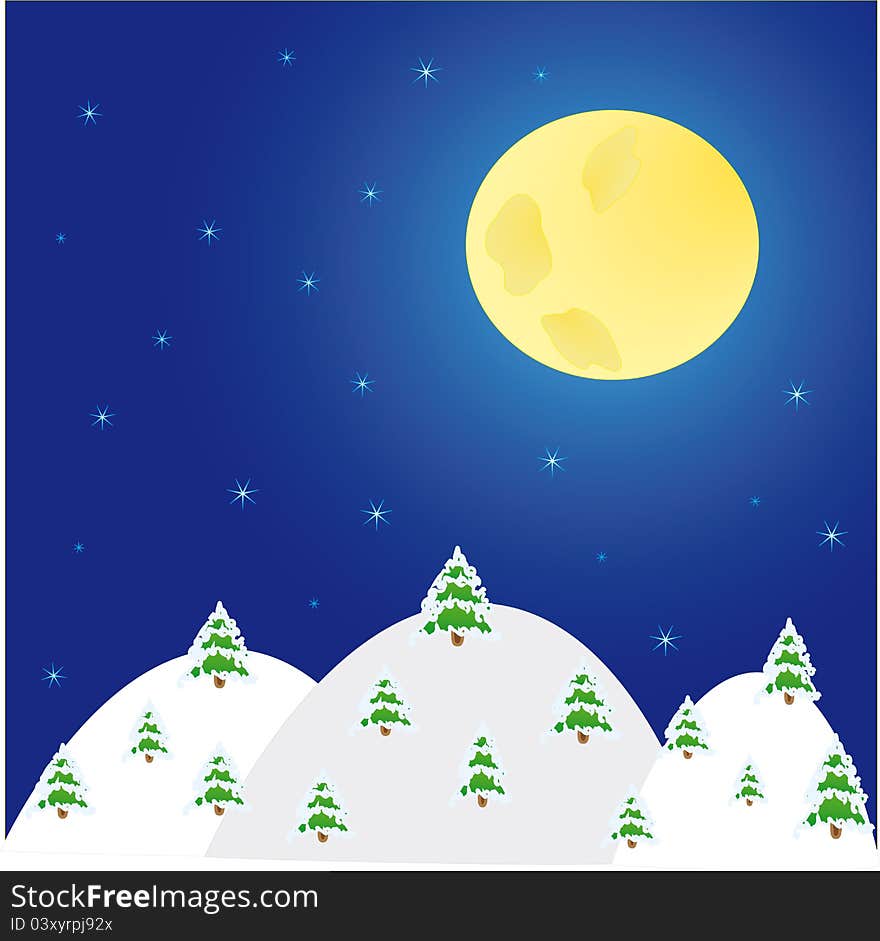 Night winter landscape with  trees and  moon