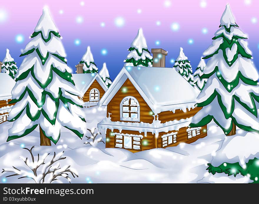 Illustration of houses in wintertime