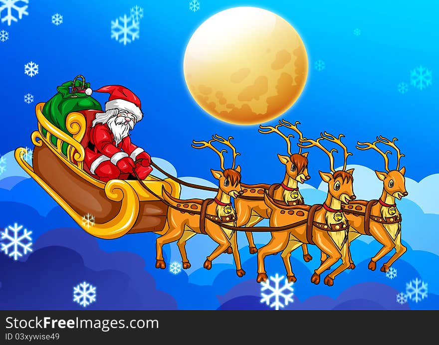 Illustration of Santa Claus riding his sleigh on blue background