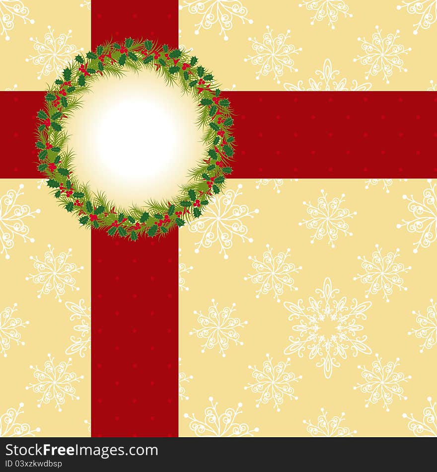 Christmas greeting card with Christmas wreath and ribbon on seamless pattern background