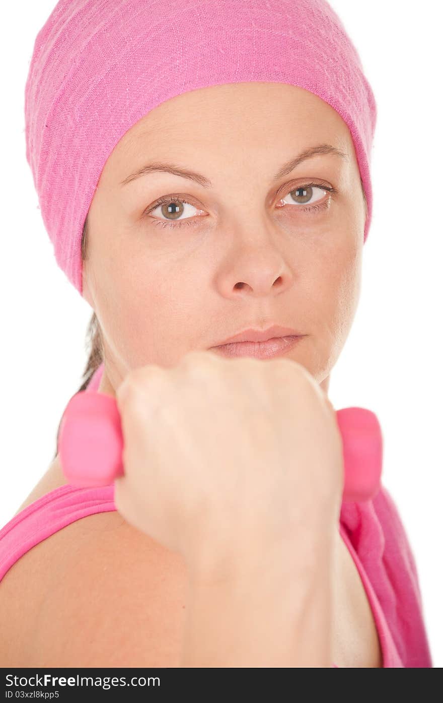 Woman with weights isolated on white background