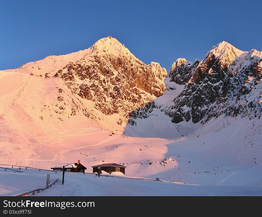 Sunrise in ski resort, Lomnicky stit, High Tatras, Slovakia