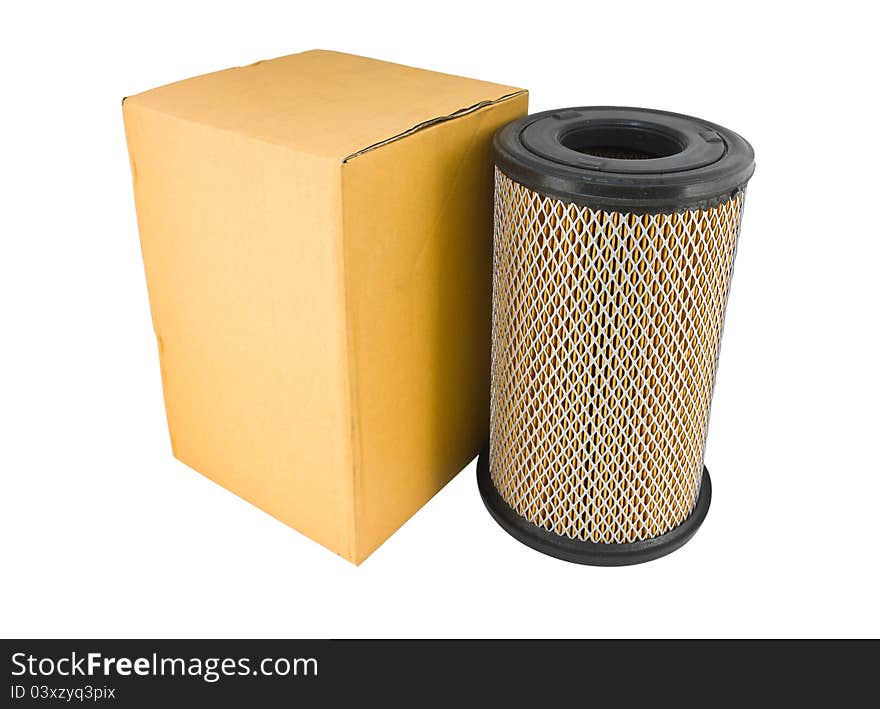 Close-up of a air filter and box isolated on white background