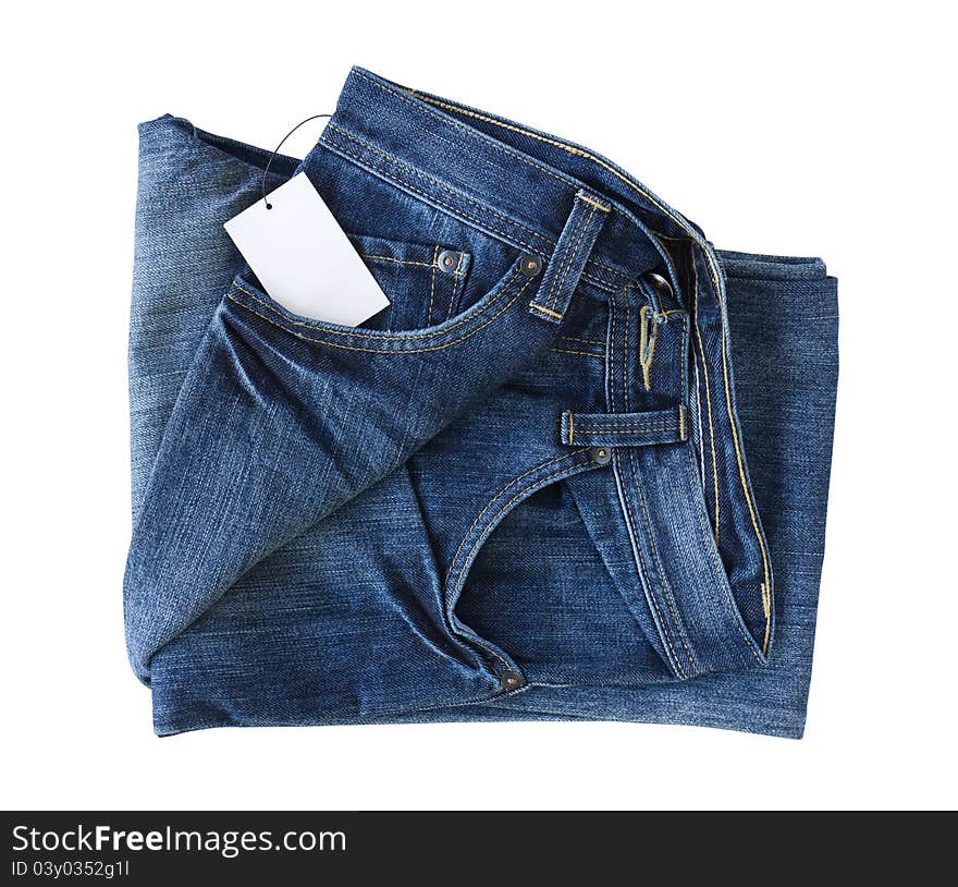 New Blue jeans trouser and tag isolated on the white background