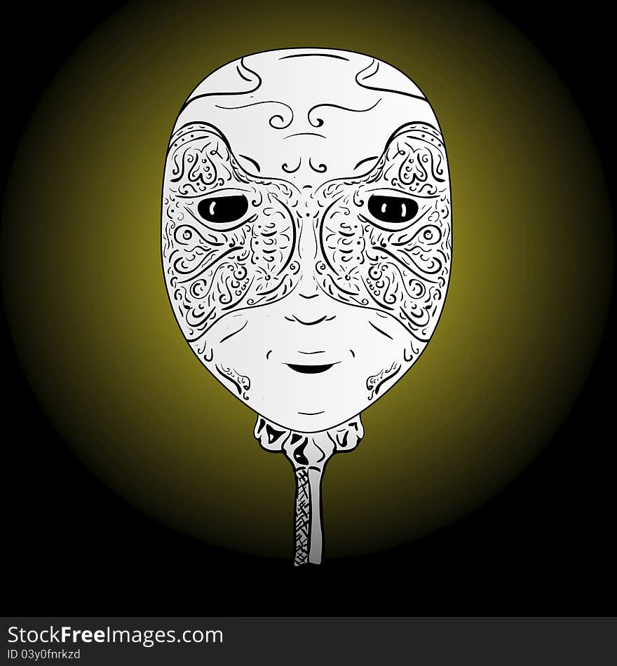 A mask with a handle, floral patterns and bright eyes. A mask with a handle, floral patterns and bright eyes