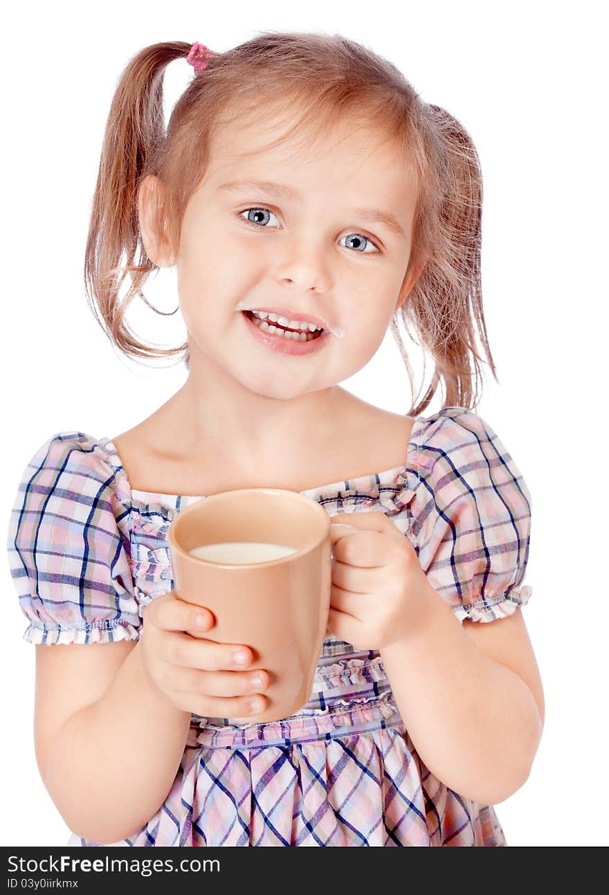 Cute girl drinks milk isolated on white