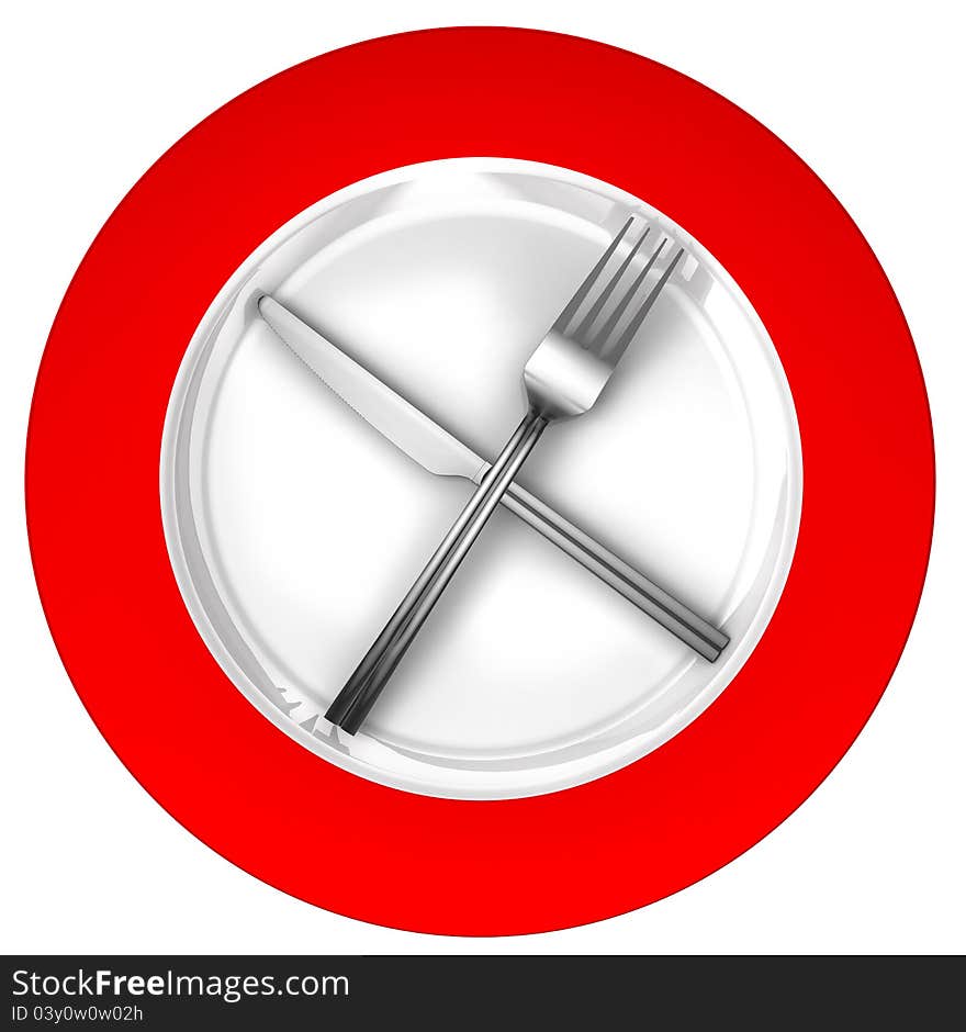 Diet concept sign red and white with metal fork and knife isolated on white background