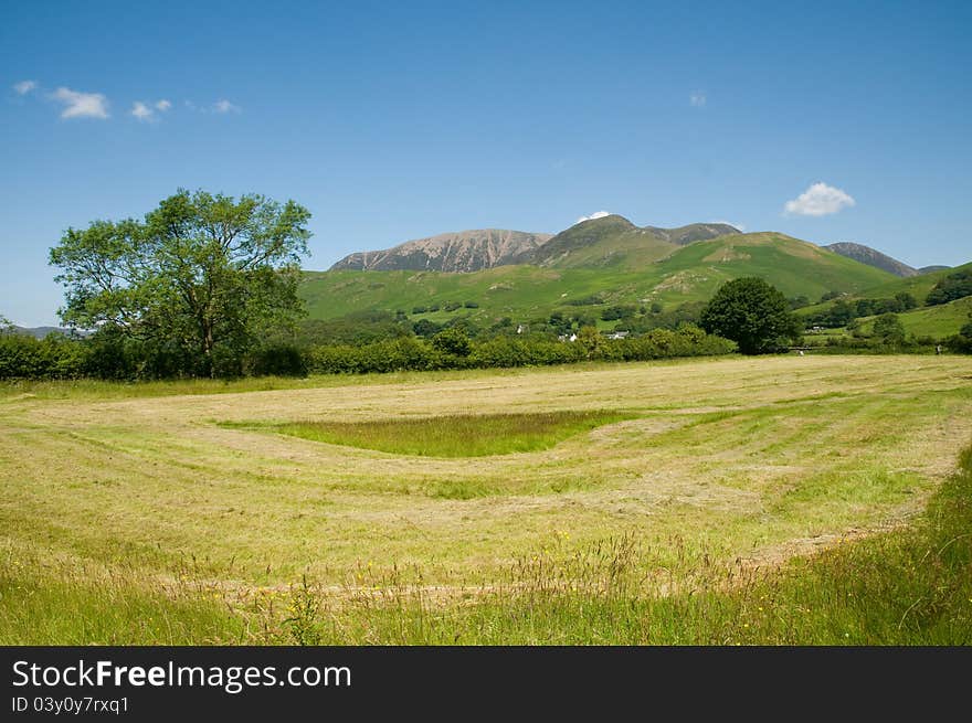 Field and cumbrian mountains