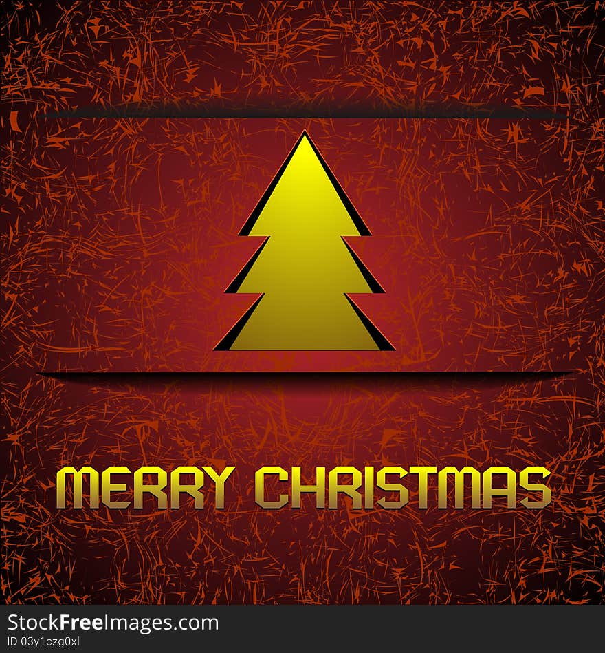 Gold Christmas tree on original red background .Vector card.