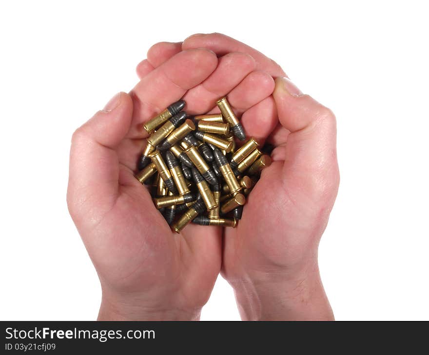 Handful Of Bullets Isolated On White.