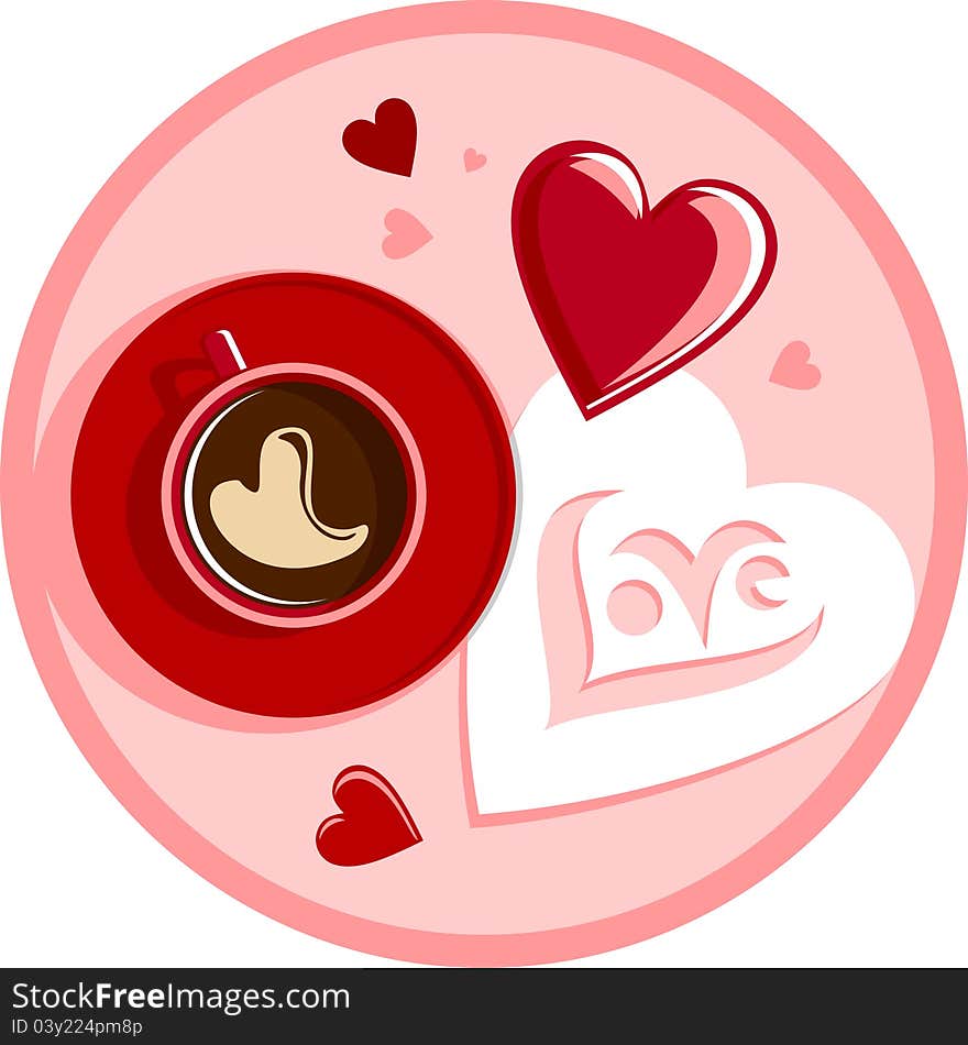 Cup of coffee with heart and a sticker on which inscription Love. Cup of coffee with heart and a sticker on which inscription Love