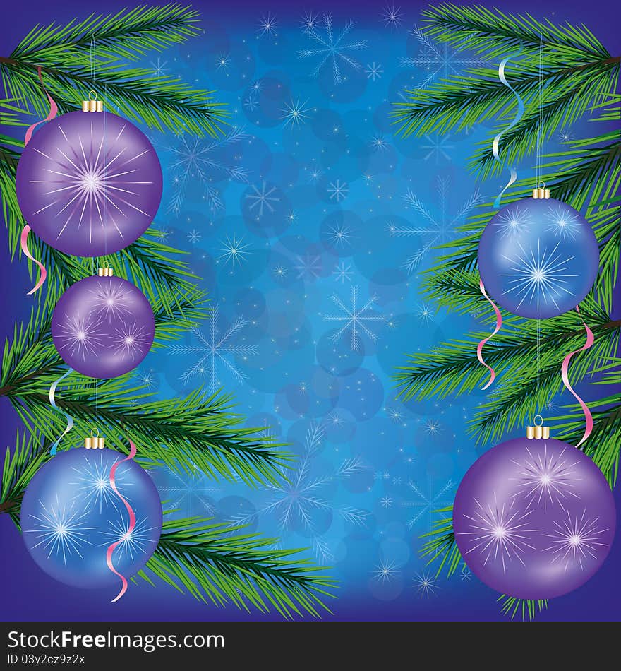 Festive New year and Christmas background with christmas balls, branch of a fir-tree, snowflakes and decorative bubbles. Vector illustration.EPS 10 with transparency. Festive New year and Christmas background with christmas balls, branch of a fir-tree, snowflakes and decorative bubbles. Vector illustration.EPS 10 with transparency.