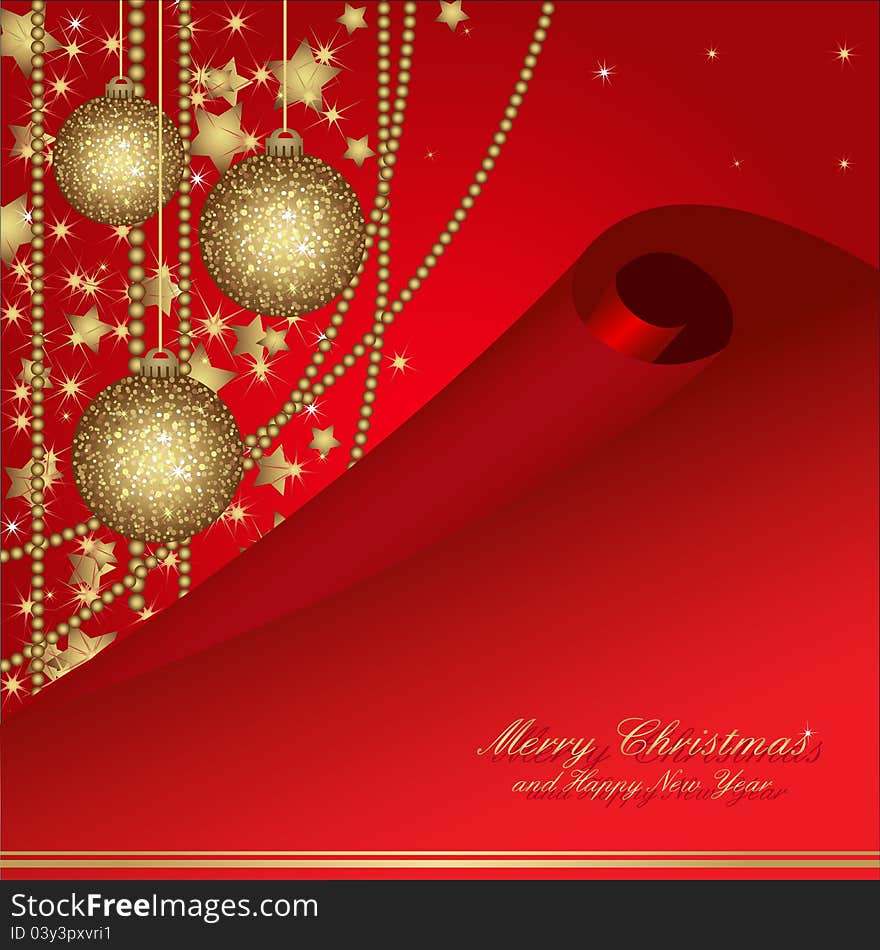 Christmas card with gold balls and tinsel. Christmas postcard for your design. All elements are in separate layers and grouped, easy to edit. Christmas card with gold balls and tinsel. Christmas postcard for your design. All elements are in separate layers and grouped, easy to edit.