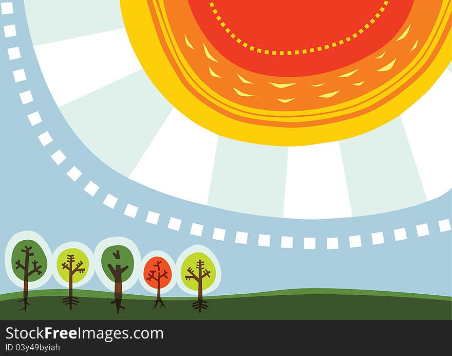 Vector cartoon illustration of a big hot sun and landscape with trees. Vector cartoon illustration of a big hot sun and landscape with trees