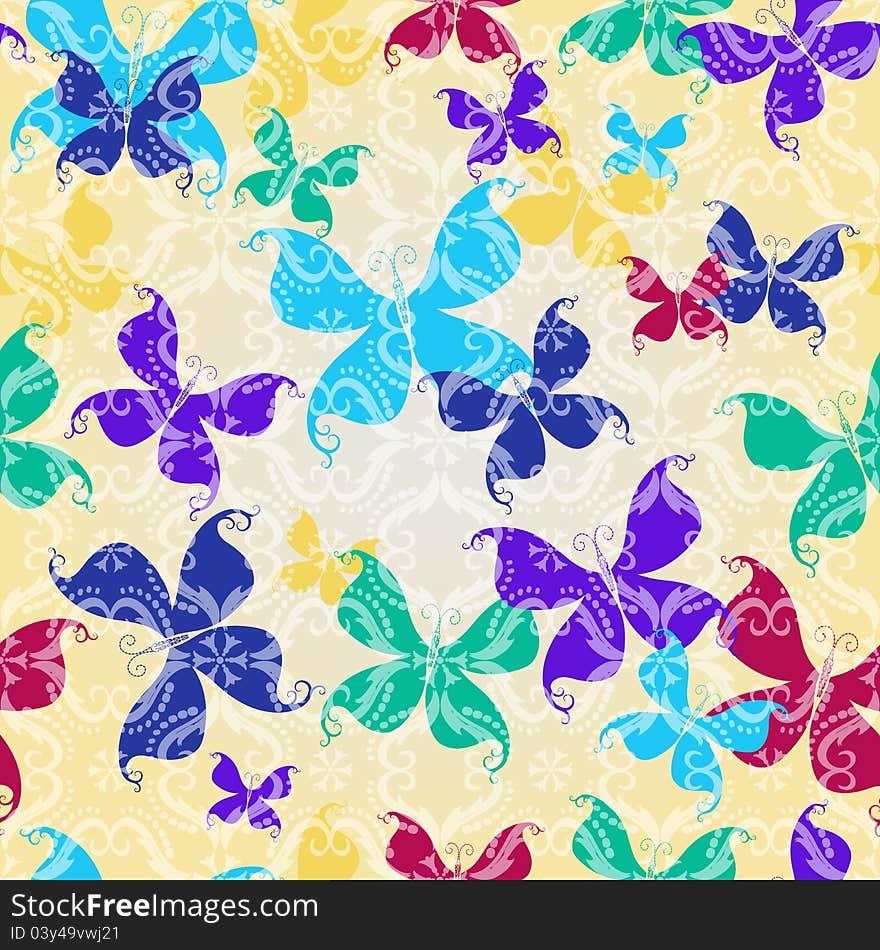 Seamless transparent vintage pattern with silhouettes colorful butterflies. Seamless transparent vintage pattern with silhouettes colorful butterflies