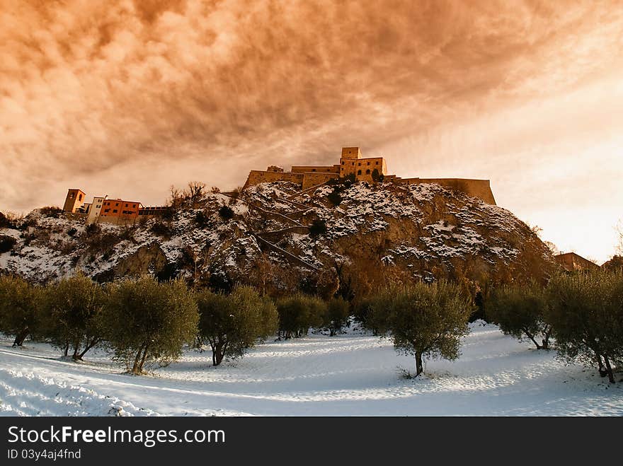 Medieval village at sunrise with nice sky. Medieval village at sunrise with nice sky