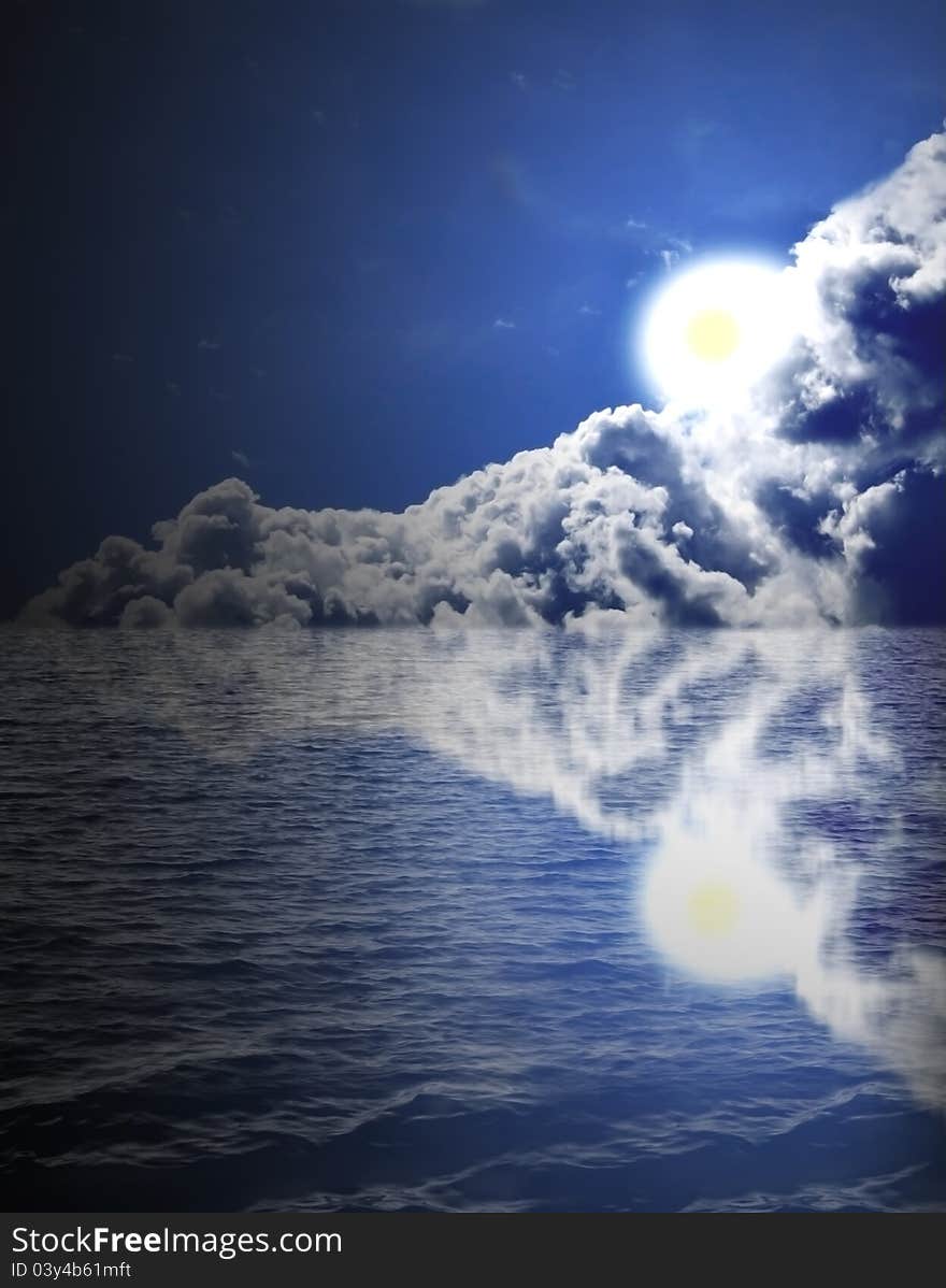 The moon is reflected in water. The moon is reflected in water