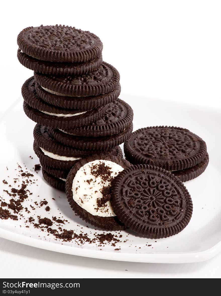 Chocolate biscuit cookies on white plate