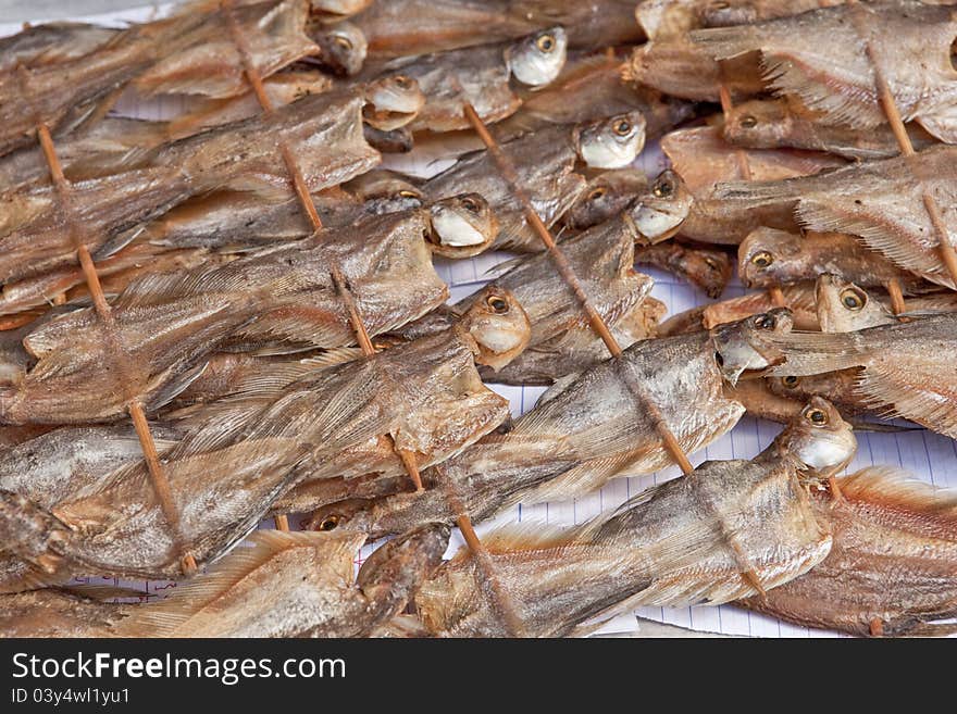 Traditional Thai style dry fishes in market