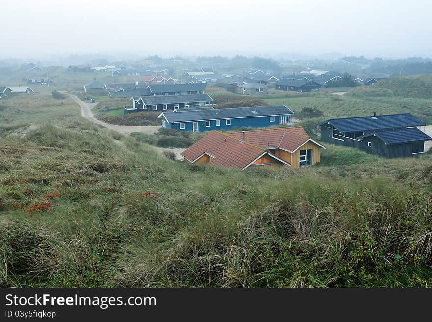 Fog over the sand dunes in Blokhus Denmark near the baech