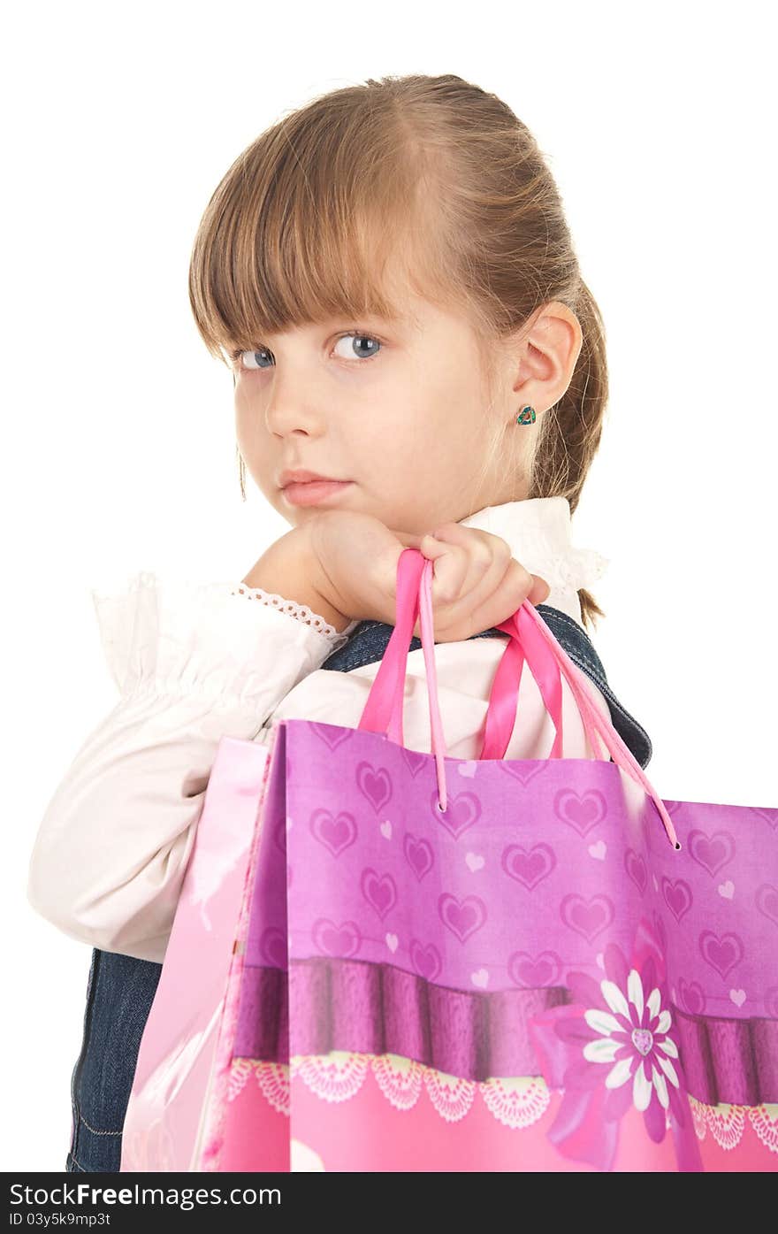 Picture of happy little girl with gift christmas box happy and smile. Isolated on the white background.