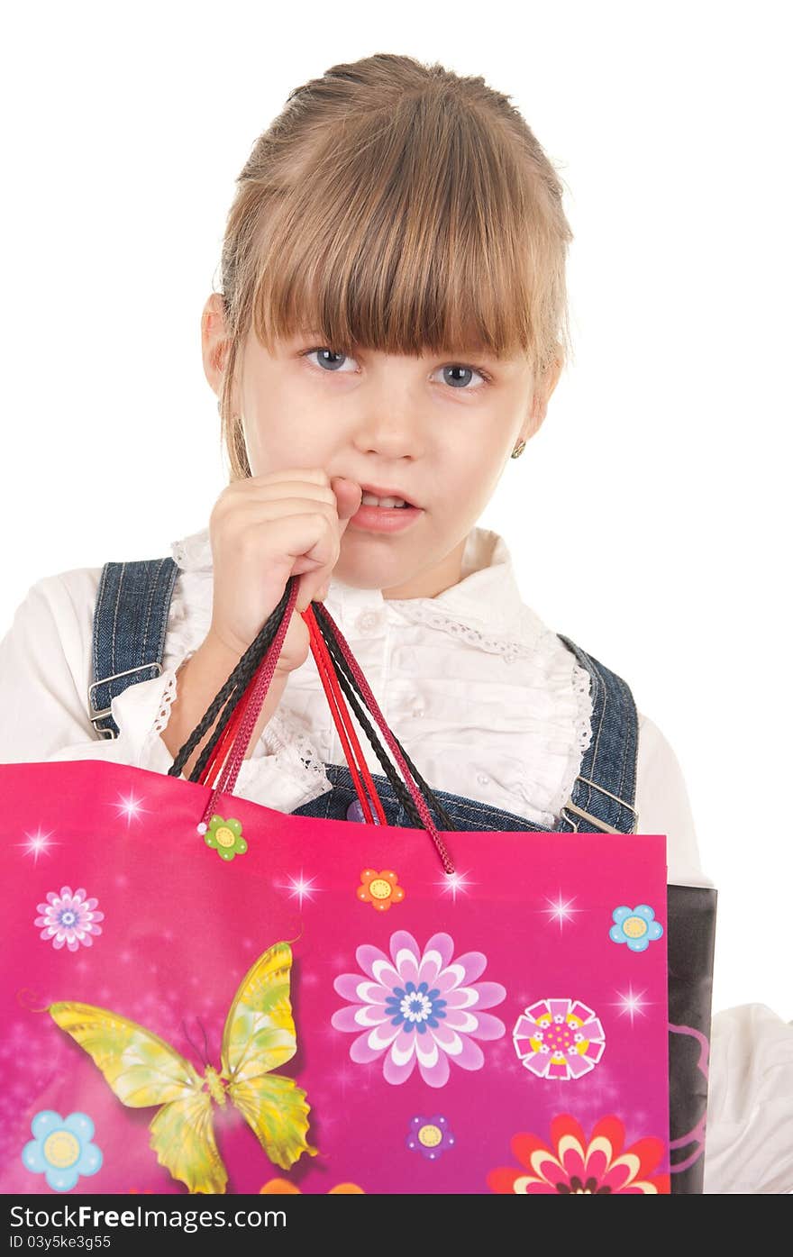 Picture of happy little girl with gift christmas box happy and smile. Isolated on the white background.