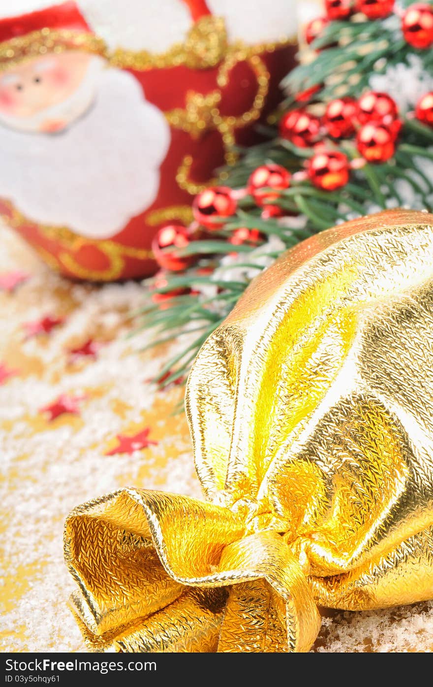 Christmas gift and festive decoration in red and golden tone