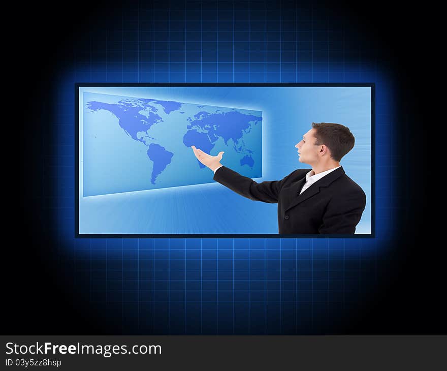 Future business solutions businessman with blue world map. Future business solutions businessman with blue world map