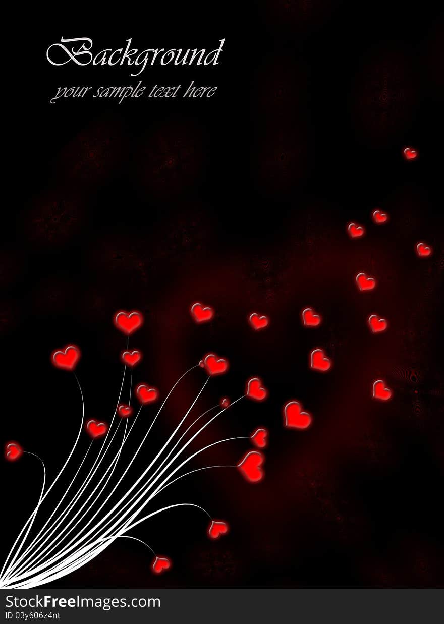 Valentine`s day card with red hearts on a black background