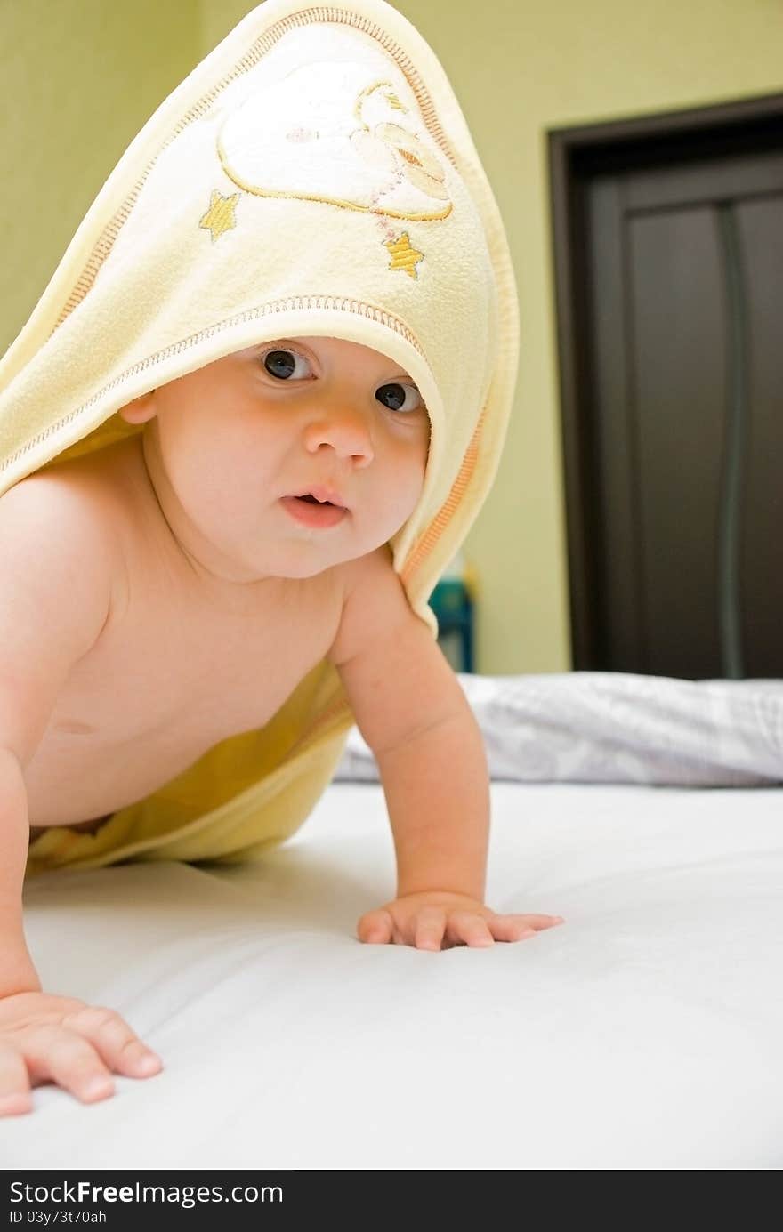 Small baby boy with yellow towel. Small baby boy with yellow towel