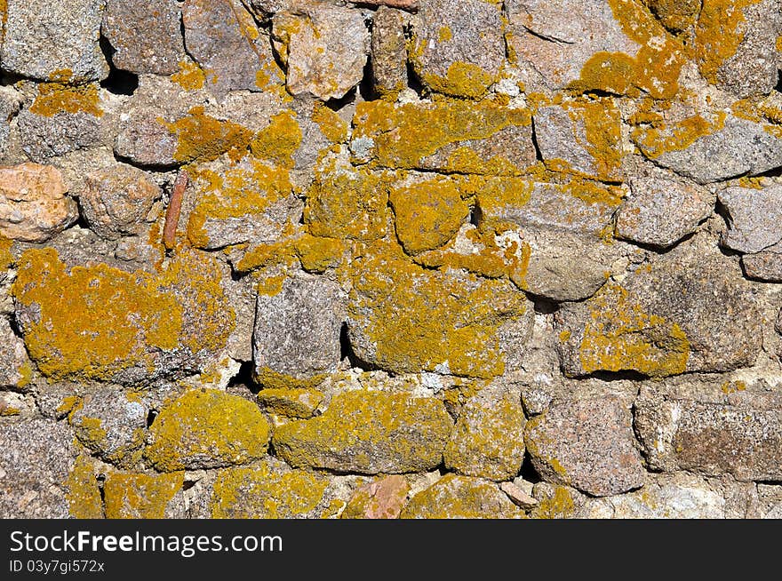 Stone and moss facade of a castle that can be used as background and texture. there is some yellow moss. Stone and moss facade of a castle that can be used as background and texture. there is some yellow moss