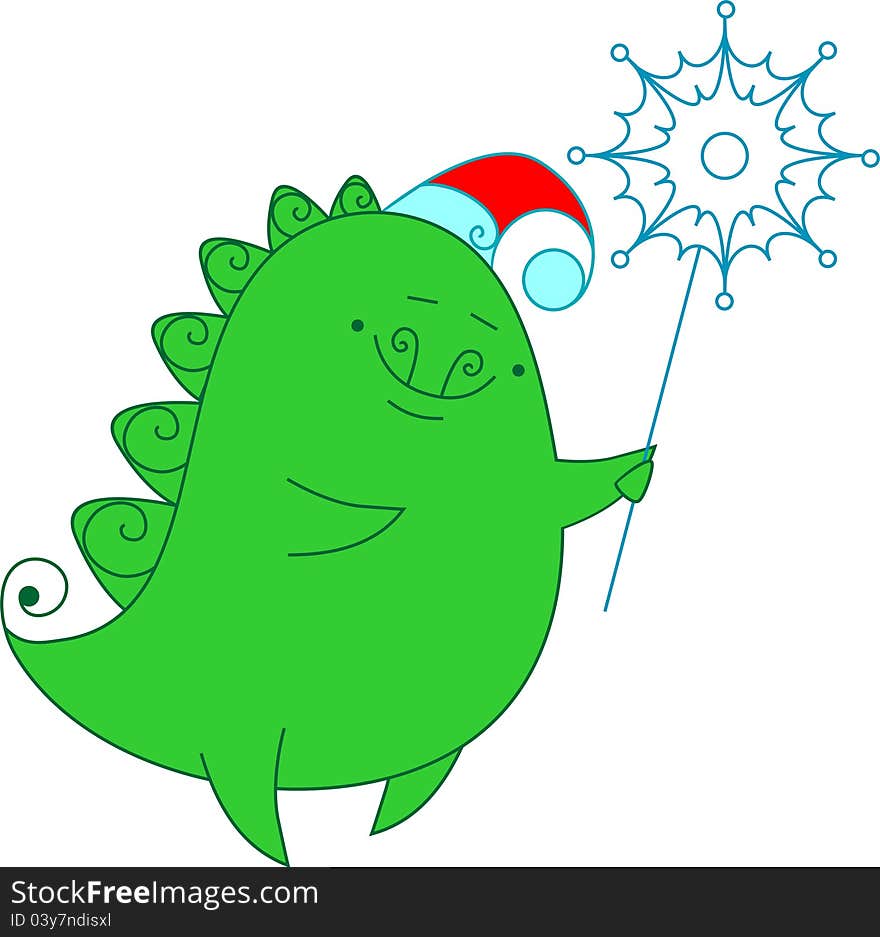 Funny dragon with snowflake.Illustration. Funny dragon with snowflake.Illustration