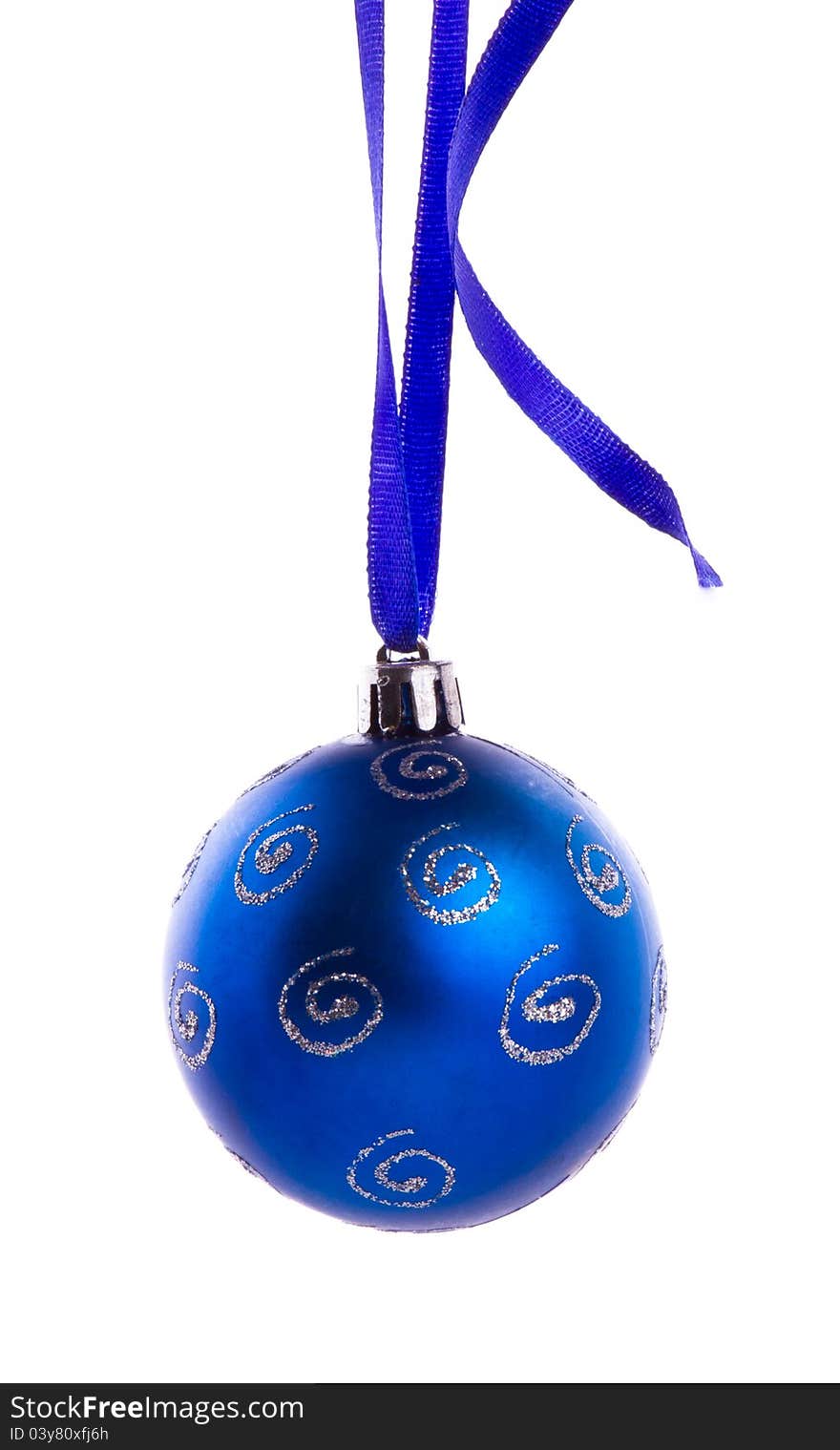 Blue bauble with the blue ribbon on the white background