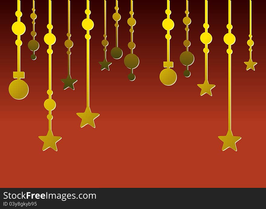 Abstract golden christmas ornaments, stars and baubles, on red background. Abstract golden christmas ornaments, stars and baubles, on red background