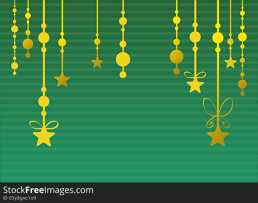 Abstract golden christmas ornaments, stars and baubles, on green background. Abstract golden christmas ornaments, stars and baubles, on green background