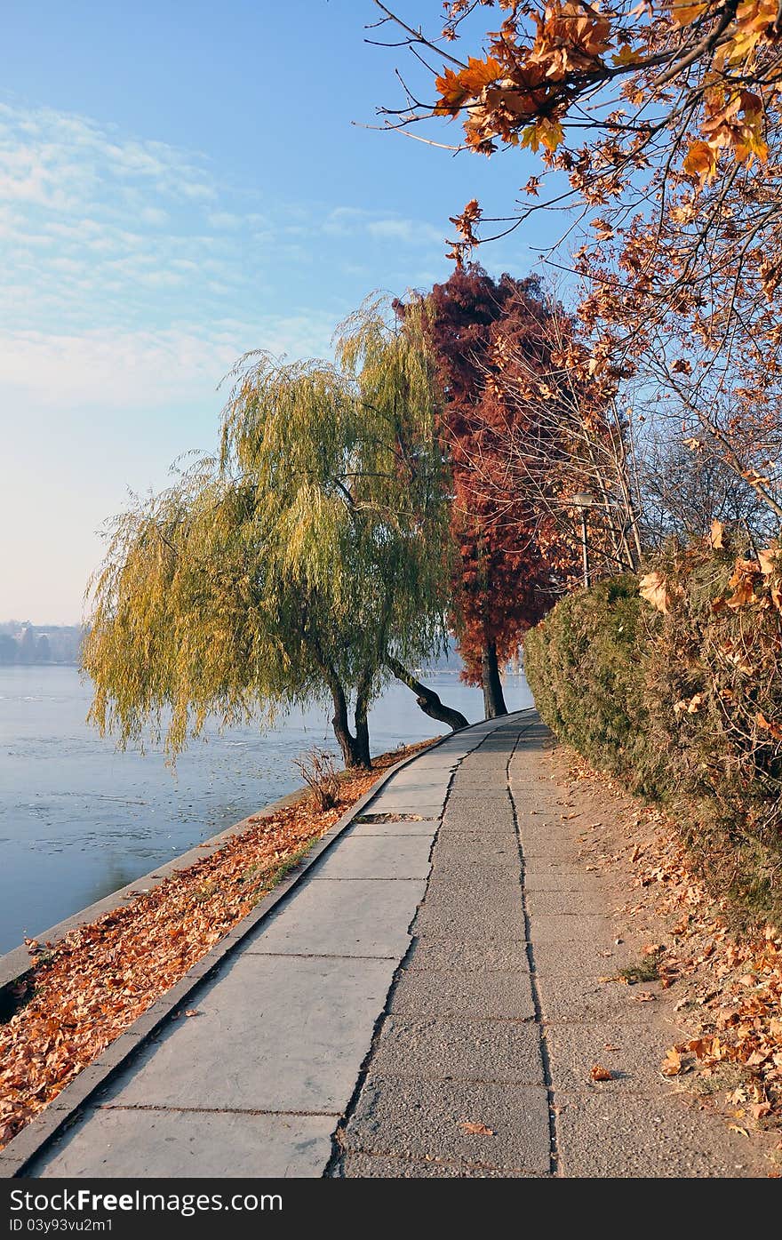 Boat cargo on still river in evening autumn time. Boat cargo on still river in evening autumn time