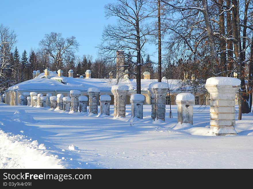 View of park in Oranienbaum on a sunny winter day, Russia