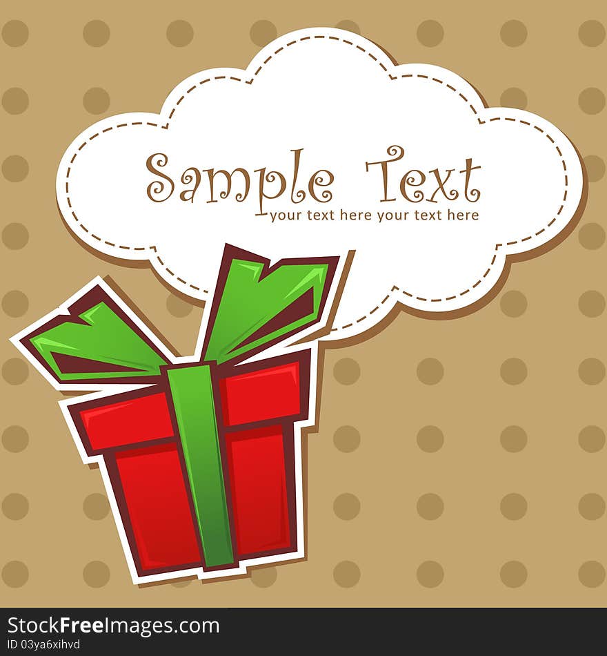 Present gift box with ribbon and text bubble on a dotted background