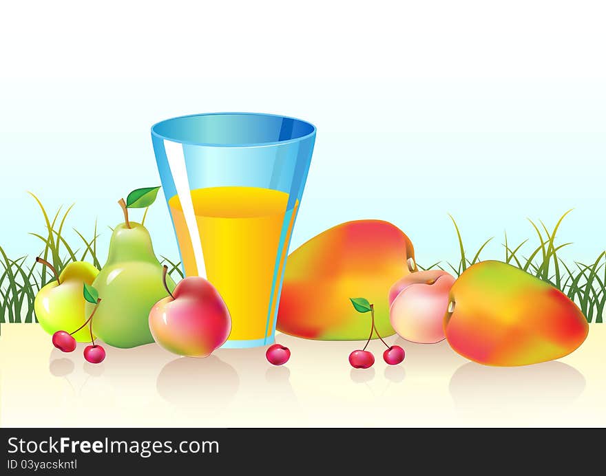 Fresh fruits and glass of juice on the grass. Fresh fruits and glass of juice on the grass