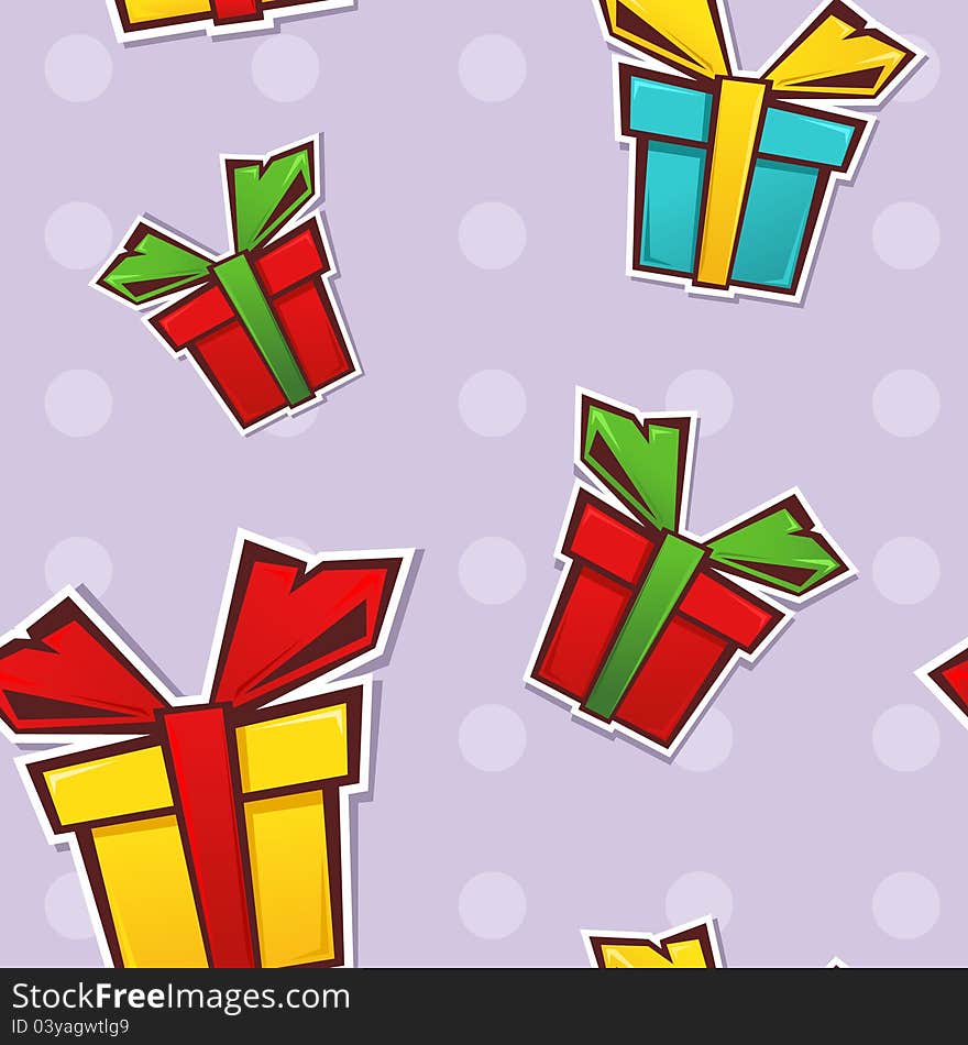 Seamless repeating pattern with colorful gift boxes and ribbons on a dotted background