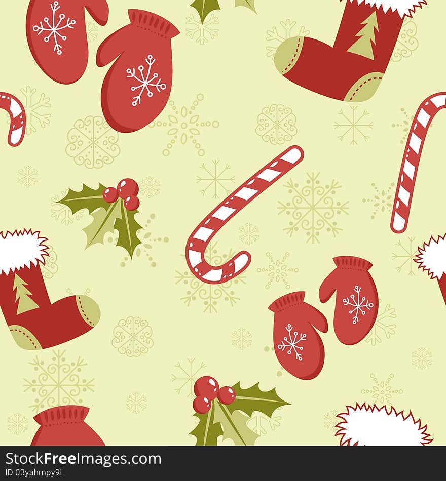 Seamless pattern with cute cartoon Christmas mittens, candy cane, holly berries and red stocking with xmas tree. Seamless pattern with cute cartoon Christmas mittens, candy cane, holly berries and red stocking with xmas tree