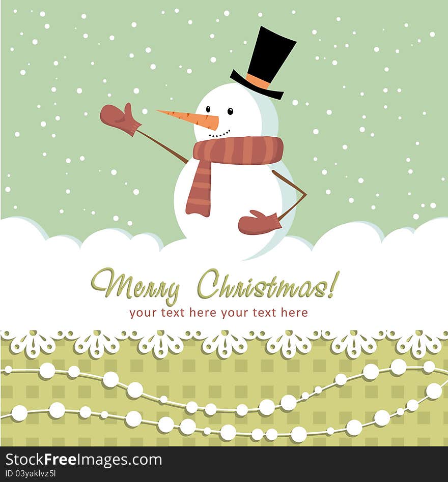 Ornate Christmas card with doodle snowman and decorative lace. Ornate Christmas card with doodle snowman and decorative lace