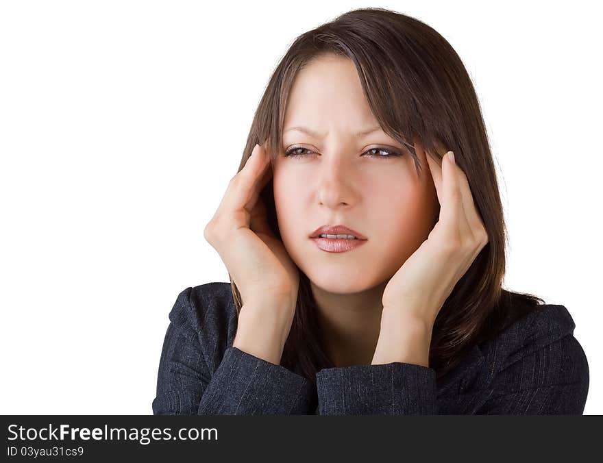 Beautiful business woman suffering from headache, isolated on white background