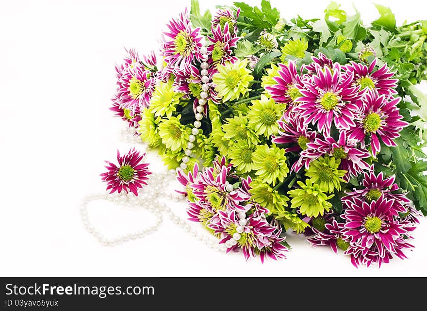 Bouquet of pink and green chrysanthemums with Pearl necklace on a white background. Bouquet of pink and green chrysanthemums with Pearl necklace on a white background