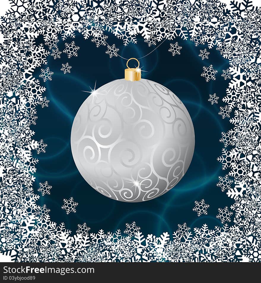 Abstract background of silver christmas ball in border of snowflakes