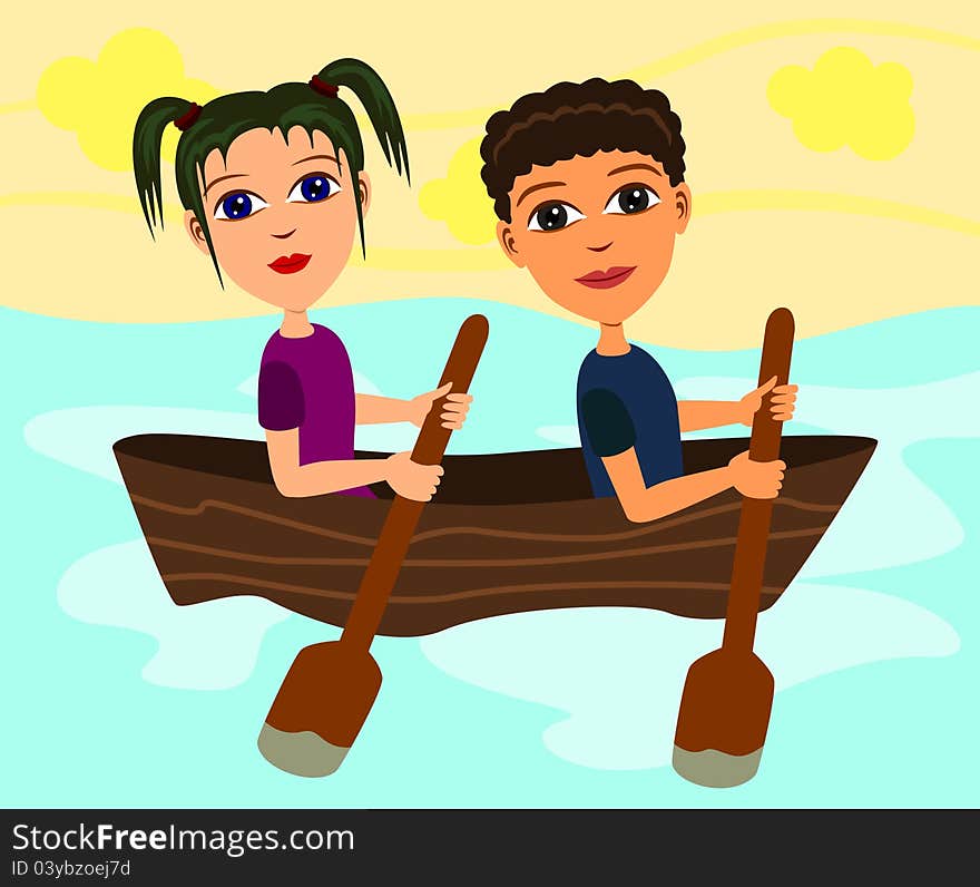 Illustration of two cute kids riding and paddling on a boat. Illustration of two cute kids riding and paddling on a boat