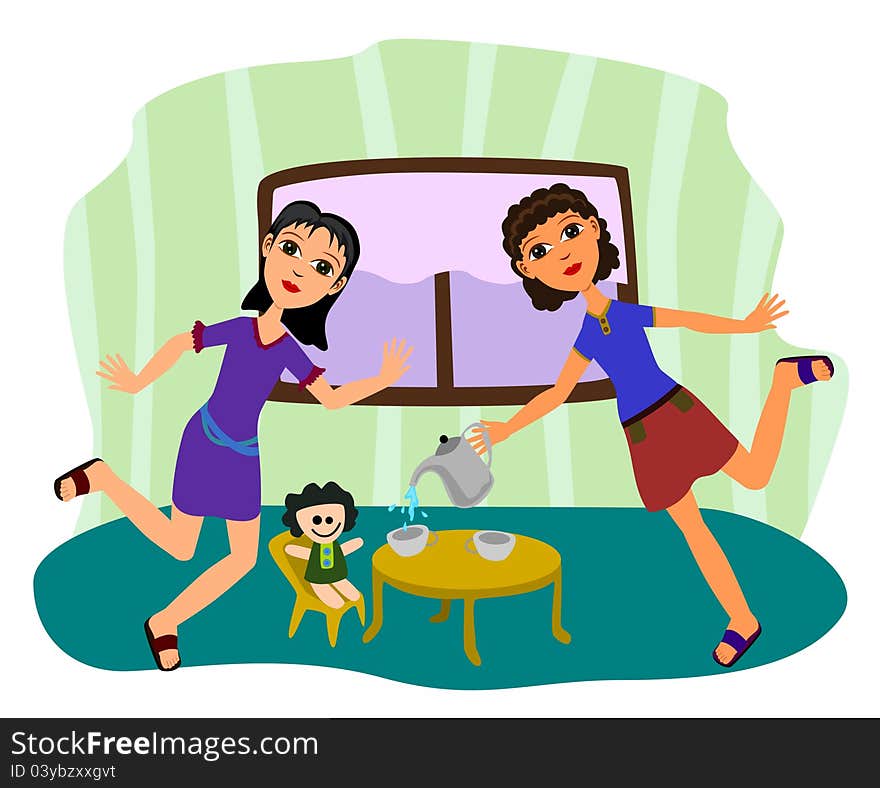 A colorful cartoon illustration of two girls playing doll. A colorful cartoon illustration of two girls playing doll