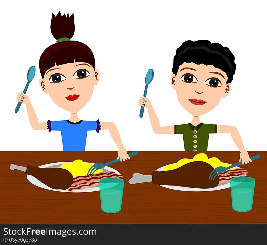 Illustration of two cute cartoon kids happily eating together. Illustration of two cute cartoon kids happily eating together